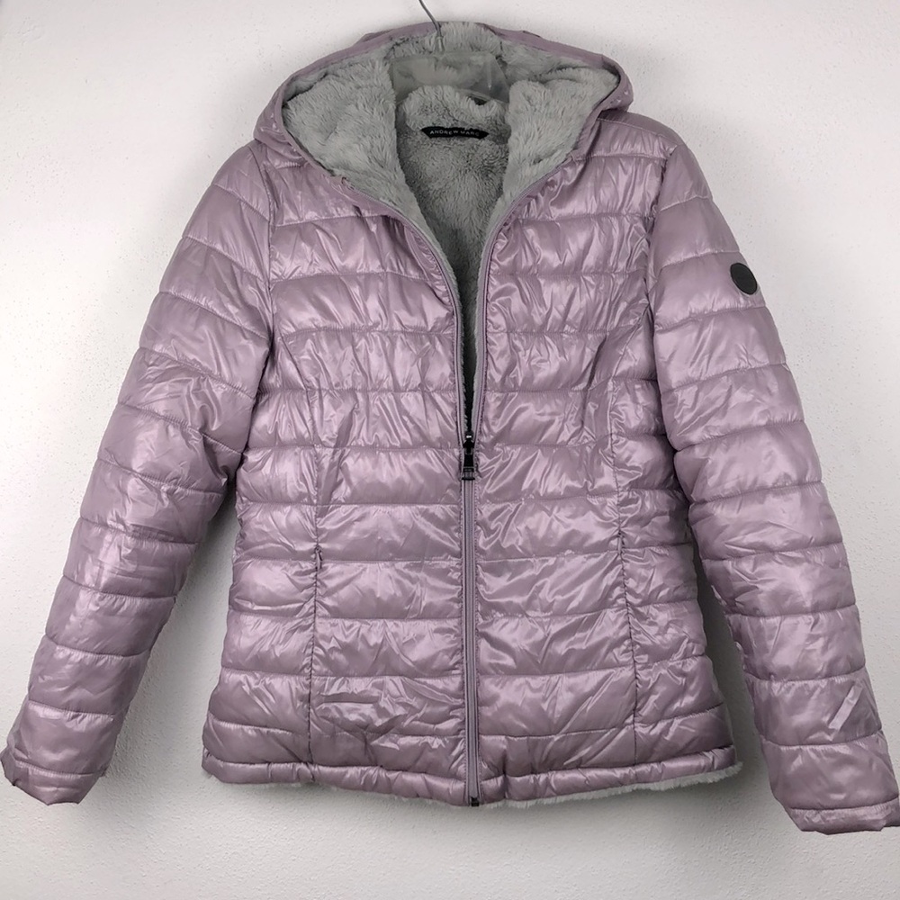 Andrew Marc lavender puffer jacket with gray faux fur inside.   H